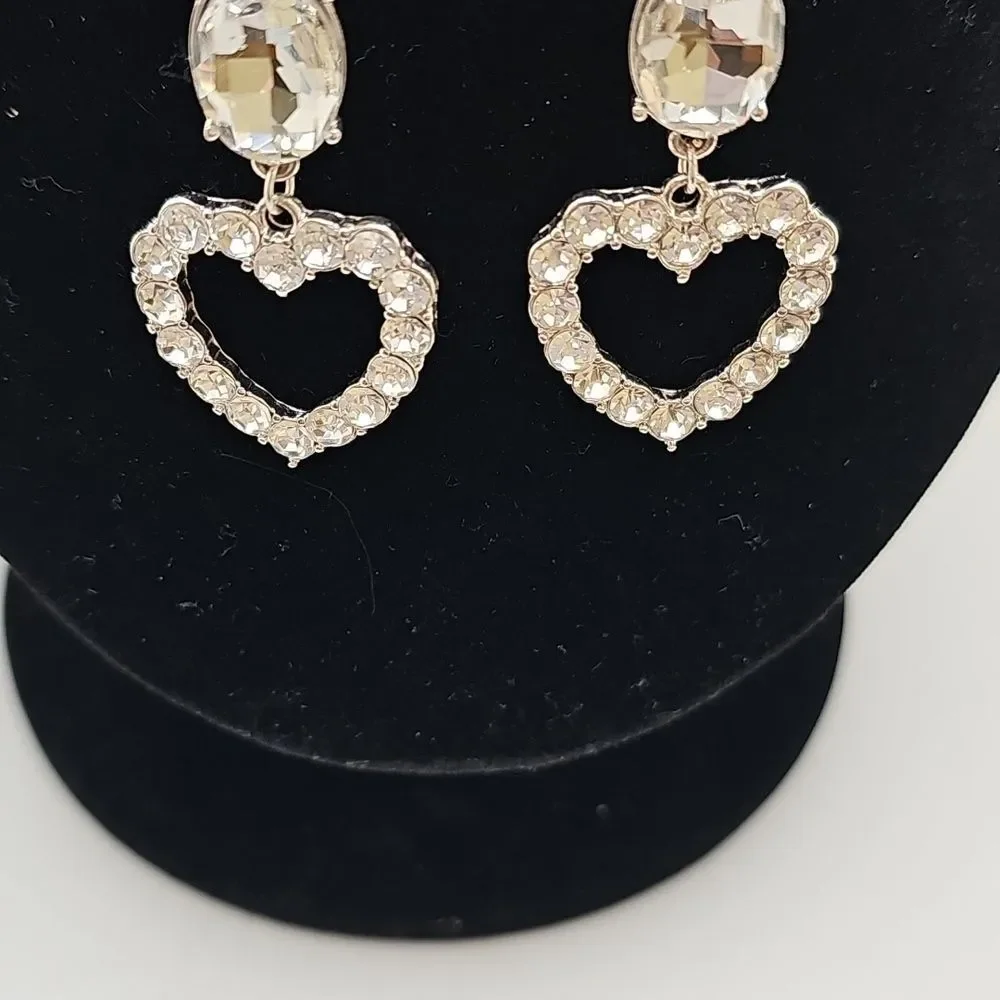Earrings Dangle Hearts Clear Rhinestones Post Backs Pierced 3.25